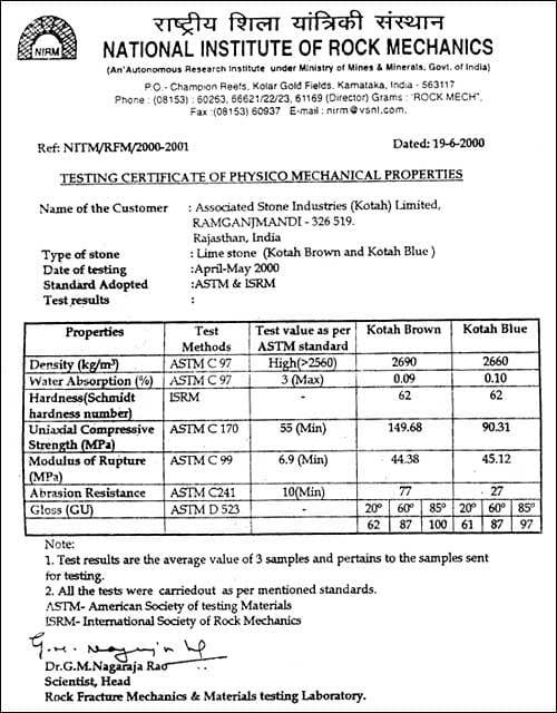 kota stone test report